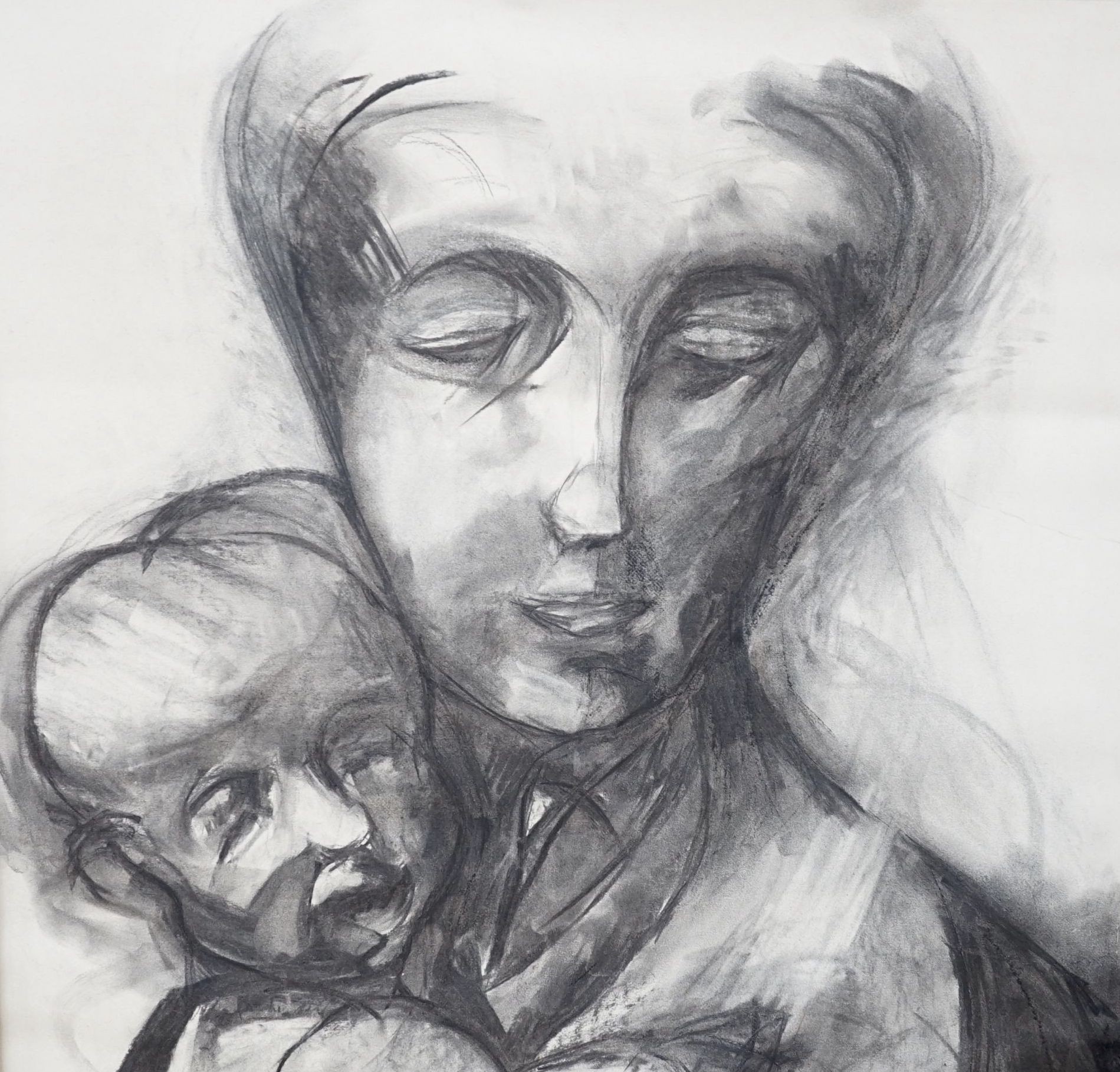 Modern British, charcoal drawing, Mother and child, 64 x 58cm, unframed